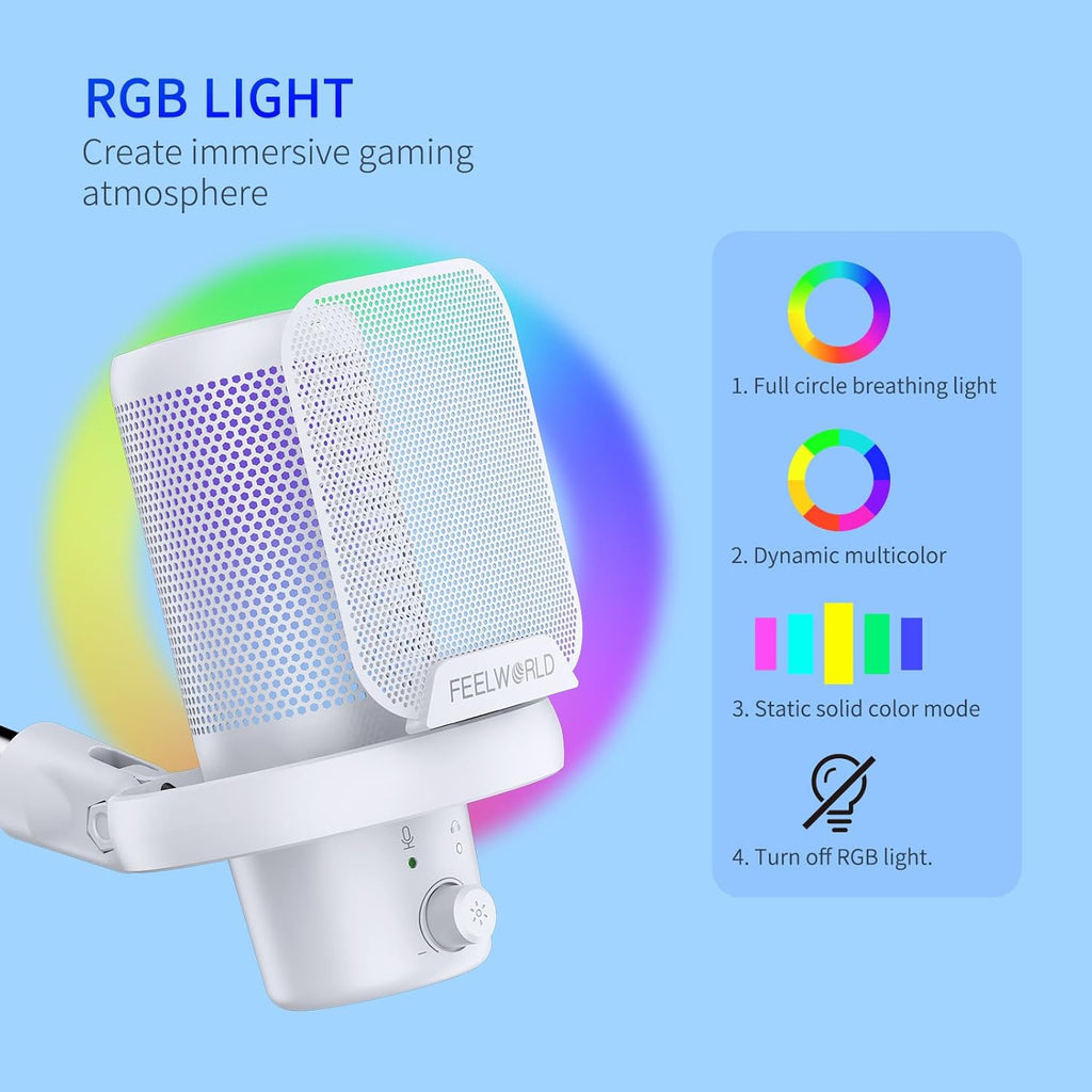 FEELWORLD VM1 White Gaming PC USB Microphone Condenser Mic with Noise Cancellation Mute RGB Light, Computer Accessories Gifts for Gamer YouTube Twitch Podcast Streaming Recording Online Chat PS4 PS5