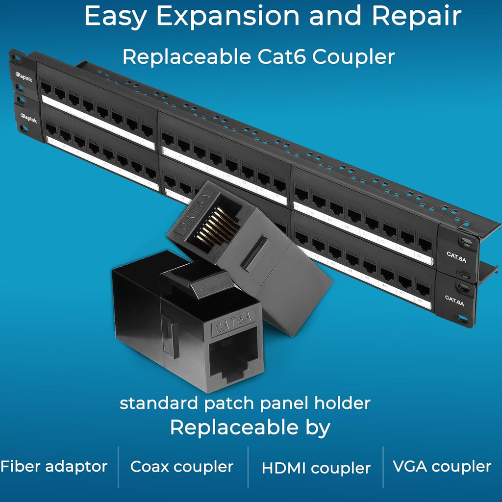Rapink Patch Panel 48 Port Cat6A with Inline Keystone 10G Support, Pass-Thru Coupler UTP 19-Inch with Removable Back Bar, 1U Network Patch Panel for Cat6A,Cat6, Cat5e, Cat5 Cabling