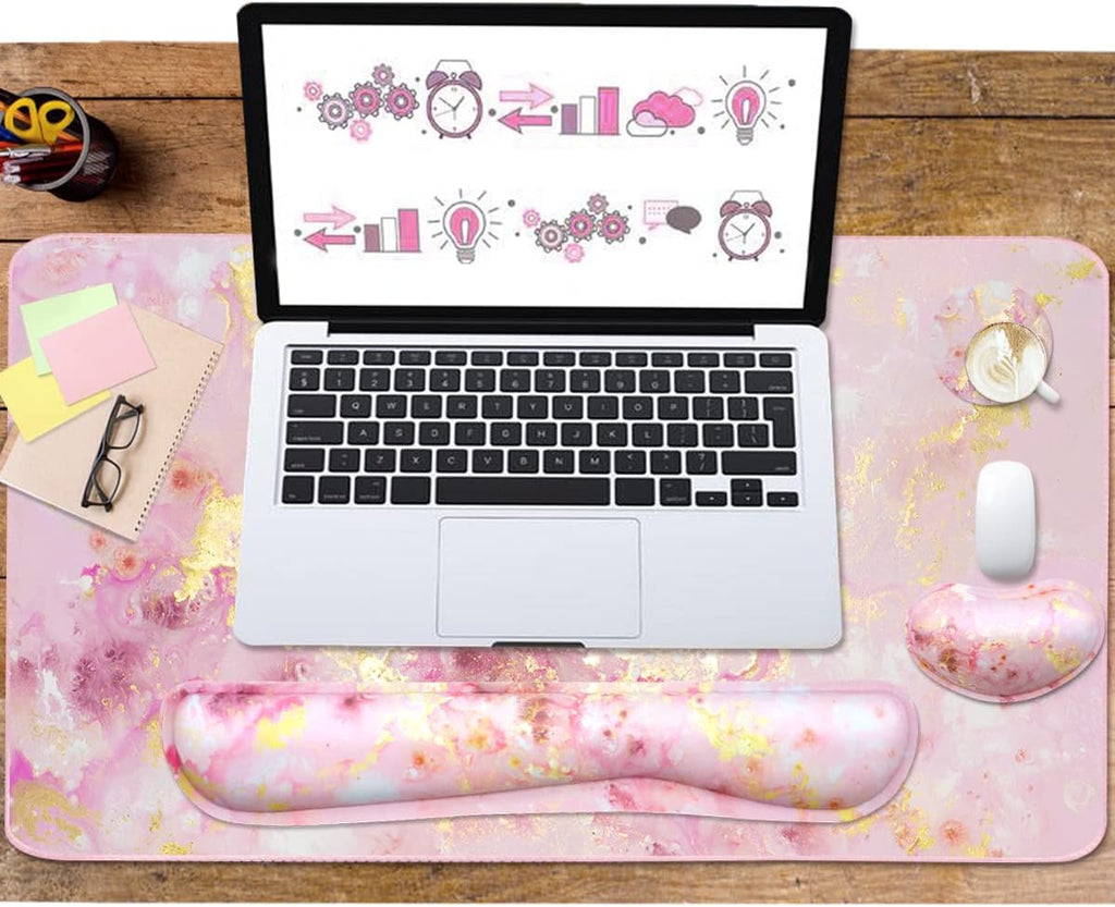 4-in-1 Large Gaming Mouse Pad, Keyboard Wrist Rest Pad & Wrist Support Mousepad Set, Extended Desk Pad Waterproof Desk Mat for Home Office Study Game-Pink Gold Marble
