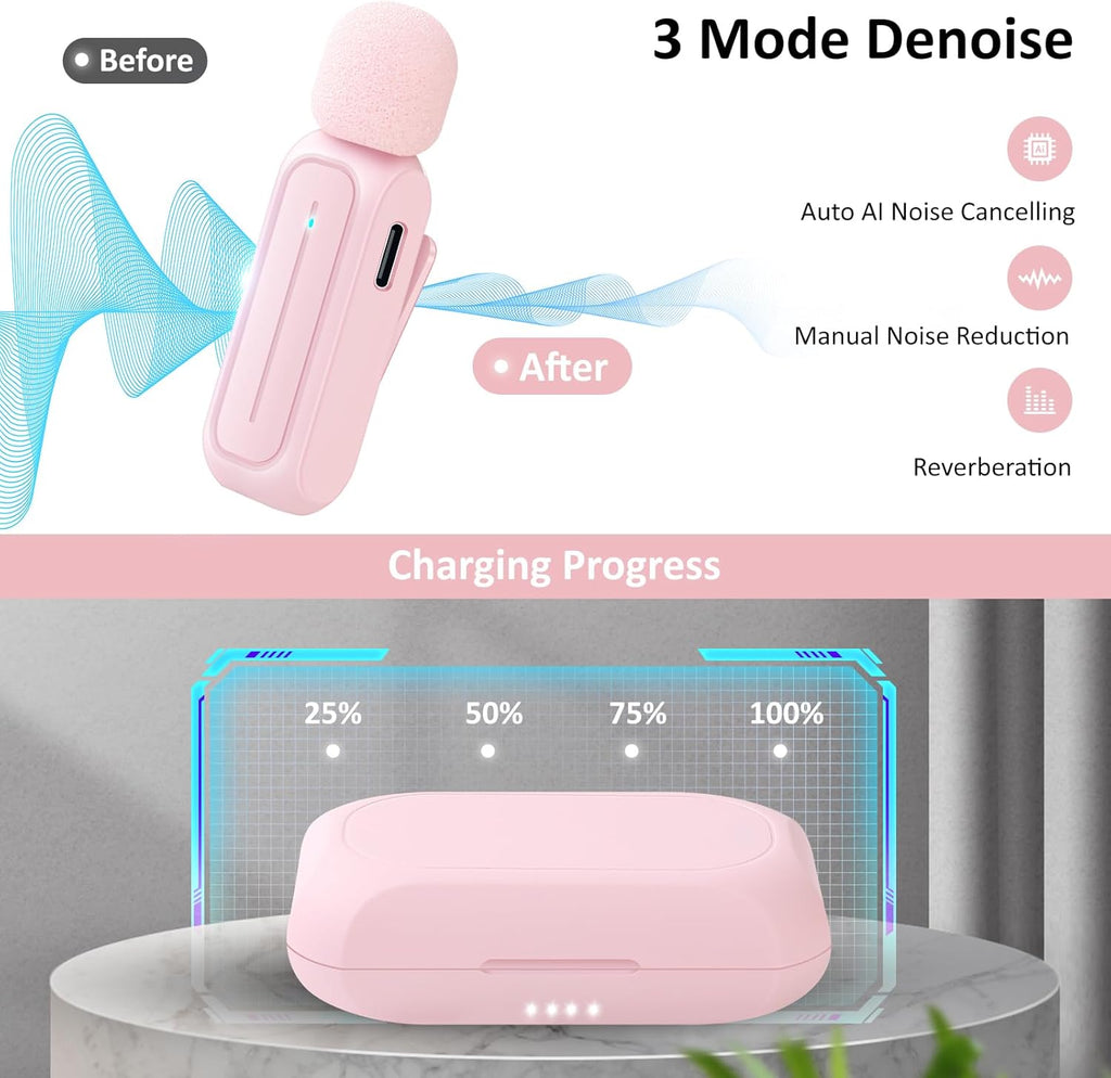 2 Pack Wireless Lavalier Microphone for iPhone iPad Android with Charging Case - 7H Clip on Lapel Microphone Wireless for Video Recording Vlogging, YouTube, Interview, 3 Mode Denoise (Pink)
