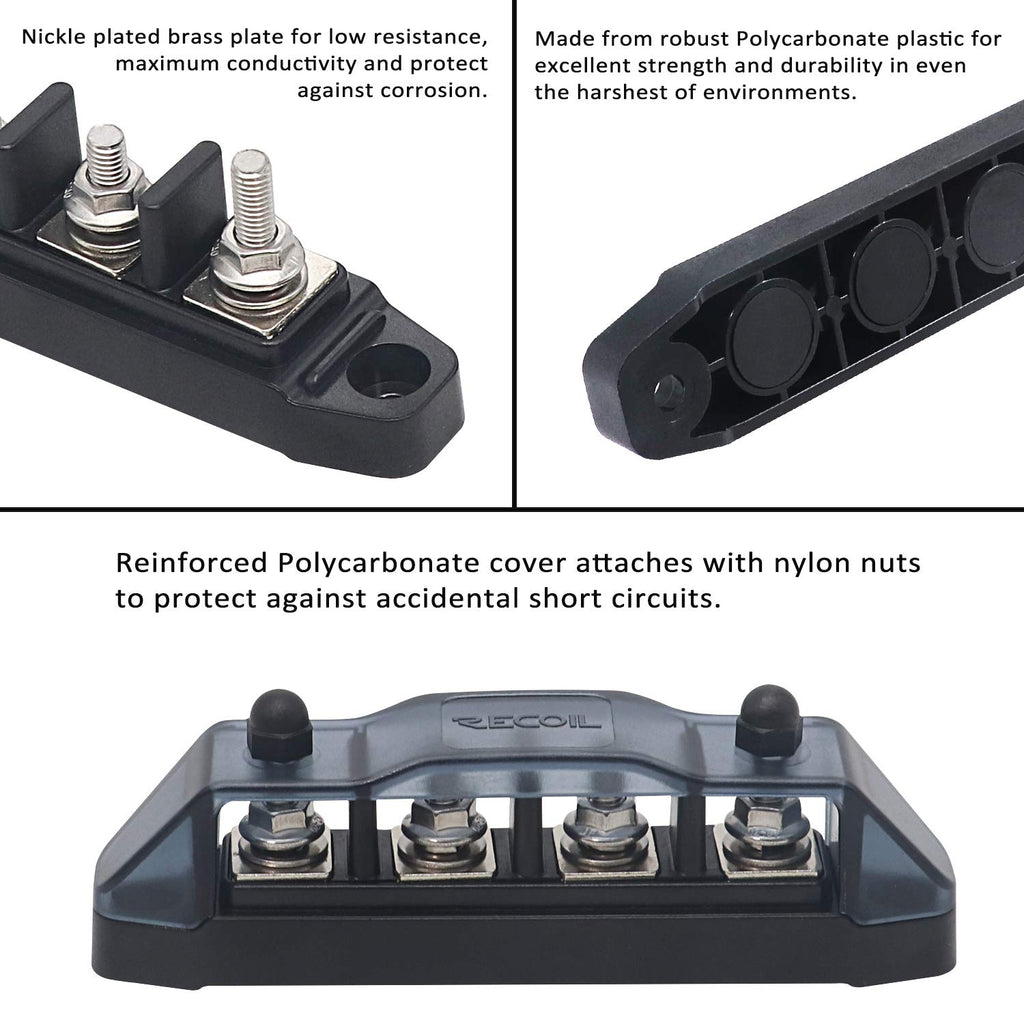 Recoil BBSPG4 Discrete 4 Position Barrier Strip Bus Bar 4 x M5 Studs Terminals Power Distribution Block Busbar with Ring Terminals