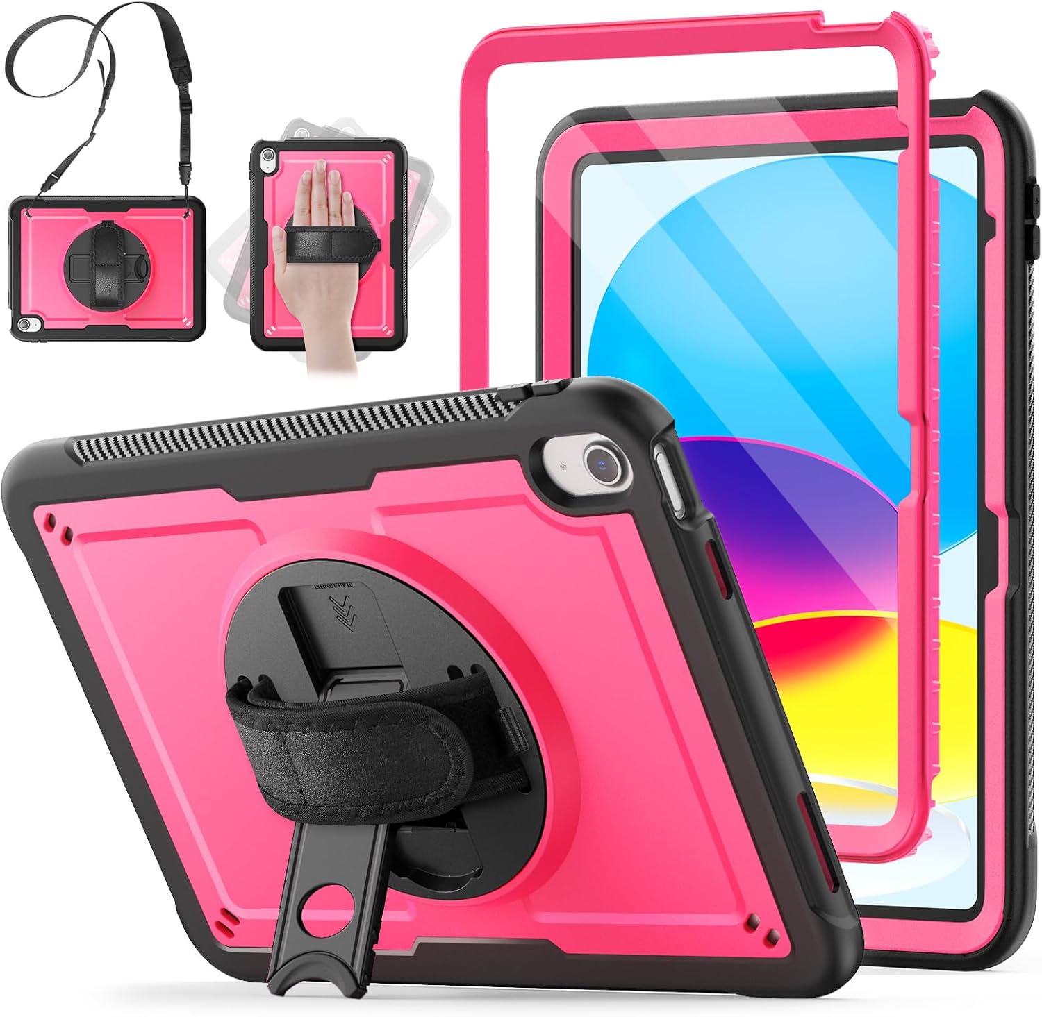 SCSVPN Case for iPad (A16) 11th Generation 11 Inch 2025 / 10th Generation 10.9 Inch 2022, Shockproof Protective Case with Screen Protector, Pencil Holder, Rotating Stand, Hand/Shoulder Strap - Rose