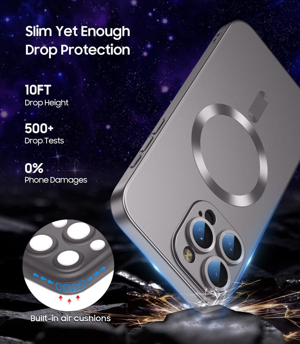 Magnetic for iPhone 16 Pro Max Case [Compatible with MagSafe][Built-in Camera Lens Protector] Slim Soft Silicone Bumper Shockproof Metallic Phone Shell (Titanium Gray)