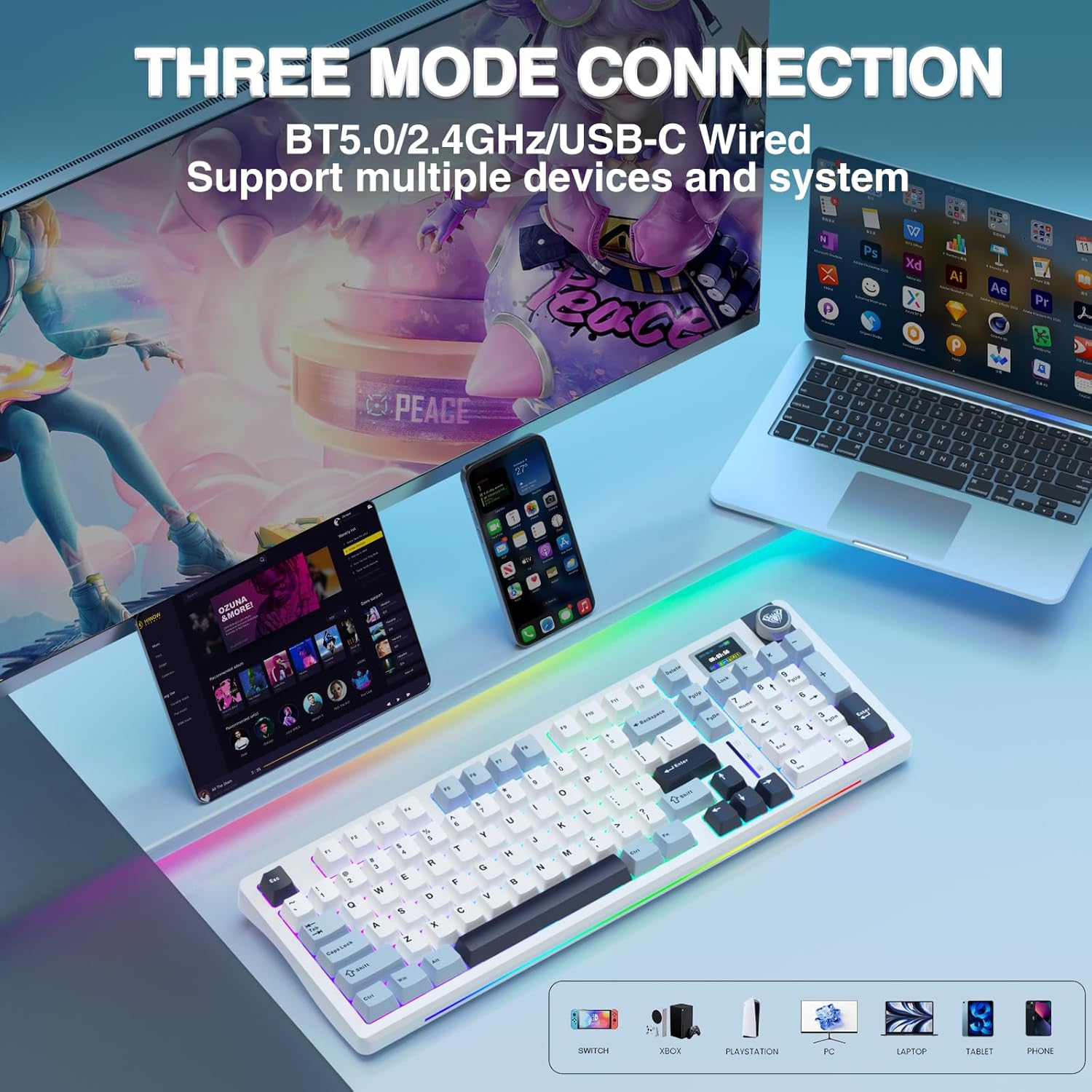 AULA S98 Pro Wireless Mechanical Keyboard,Smart Screen & Knob,Tri-Mode BT5.0/USB-C/2.4GHz Creamy Keyboard,Pre-lubed Linear Switches,Hot Swappable RGB Backlit Computer Gaming Keyboards