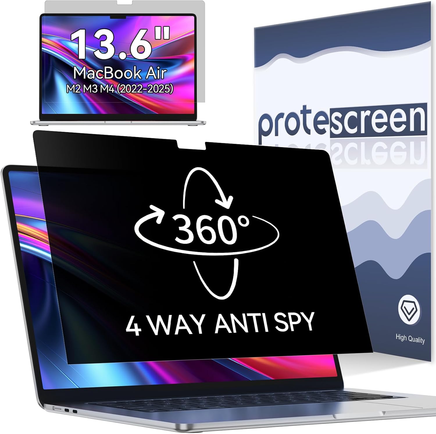 360° Privacy Screen for MacBook Air 13.6/13 Inch (2022-2025, M2, M3, M4), 4 Way Privacy Anti Glare Blue Light Filter Shield Film Anti Spy Laptop Protector for Mac 13.6In Computer