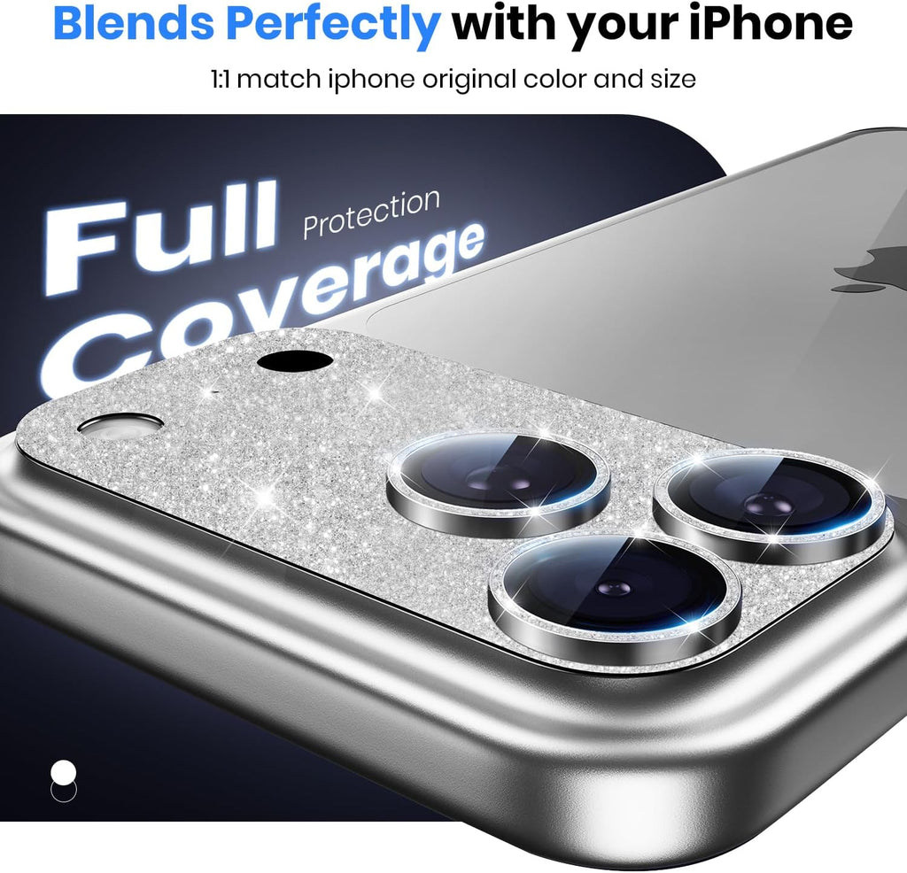 Hoerrye for iPhone 17 Pro Camera Lens Protector - [12FT Shatterproof Military Grade] [Strong Adsorption] Metal Top 9H+ Tempered Glass Camera Screen Full Cover Case Friendly,Glitter Silver