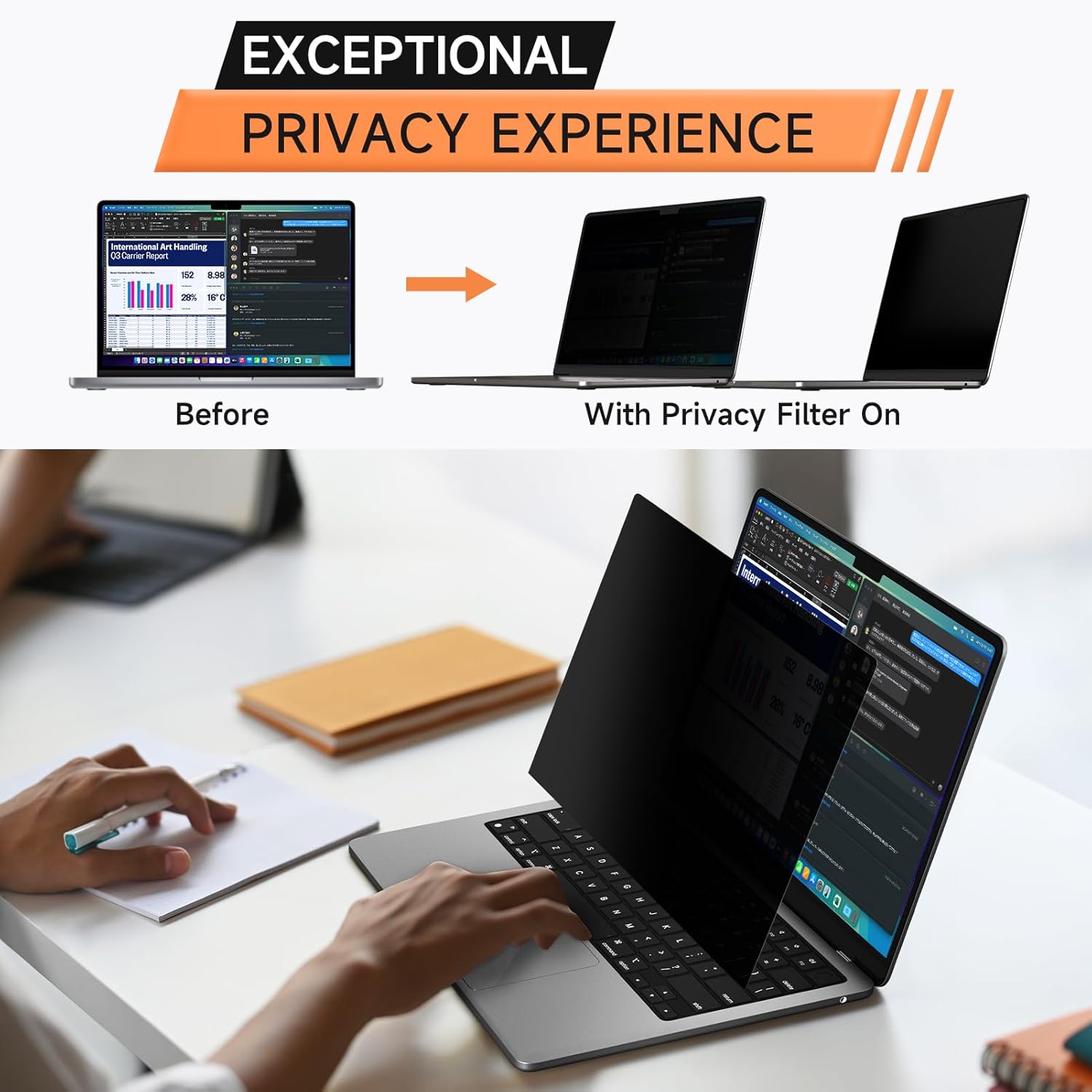 Privacy Screen for MacBook Pro 14 Inch (2021-2024, M1, M2, M3, M4, Pro, Max), Matte Anti Glare Blue Light Filter, Nano No Glue Anti Spy Black Protector for Mac Pro 14In Laptop Computer