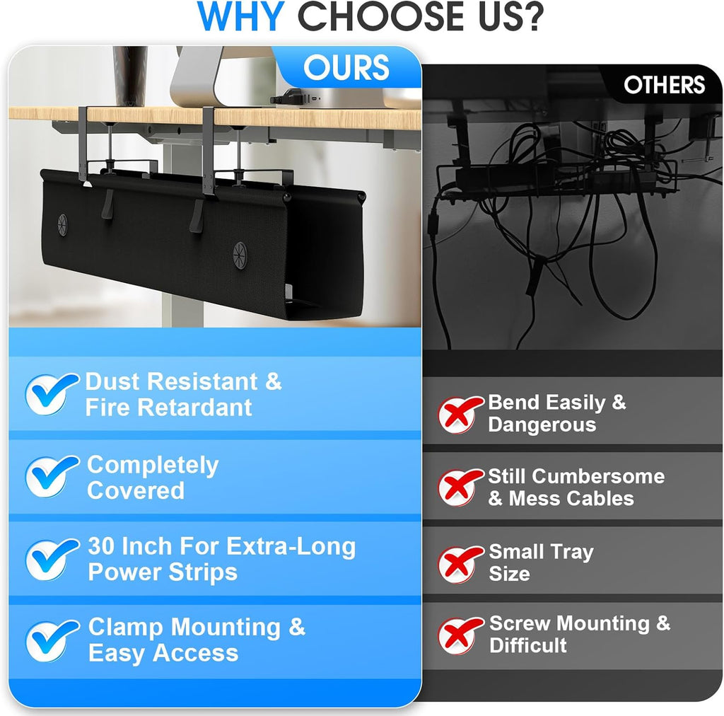 Under Desk Cable Management Tray, 30-inch No-Drill Cord Organizer with Anti-Sag Reinforced Base, Fabric Wire Management Hider for Standing Desk, Office & Gaming Accessories - Black