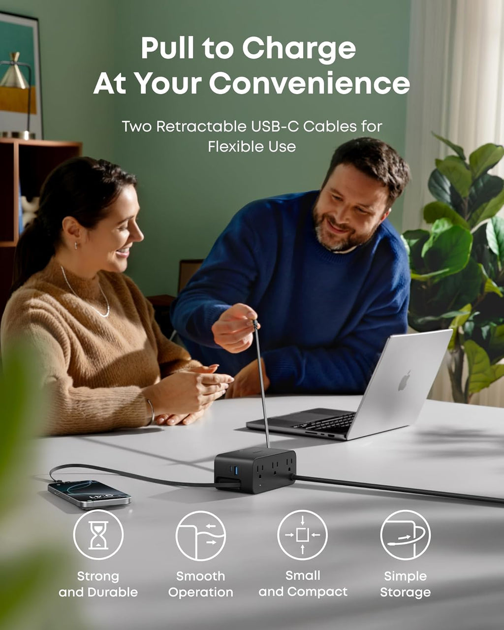 Anker Nano Charging Station, 7-in-1 USB-C Power Strip for iPhone 16, 2.3 ft Anker InstaCord Retractable Cable, 3 USB-C, 1 USB-A, 3 AC, 100W Desktop Fast Charging for MacBook, Home, Office(Non-Battery)