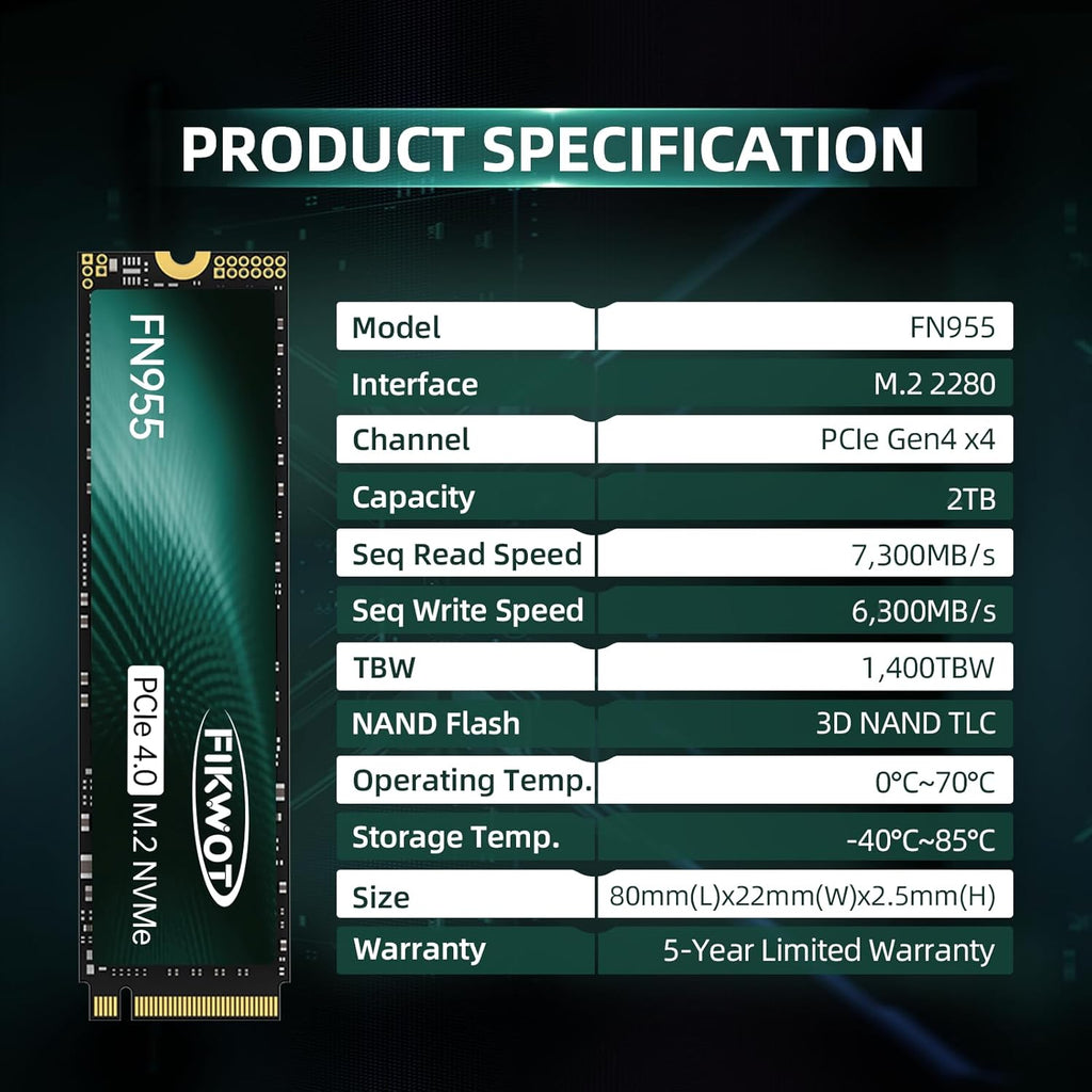 FN955 2TB NVMe SSD M.2 2280 PCIe Gen4x4, Up to 7300MB/s, 3D NAND TLC Flash Internal Solid State Drive, Configure SLC Cache, Storage and Memory Expansion for PS5 Laptop Desktop