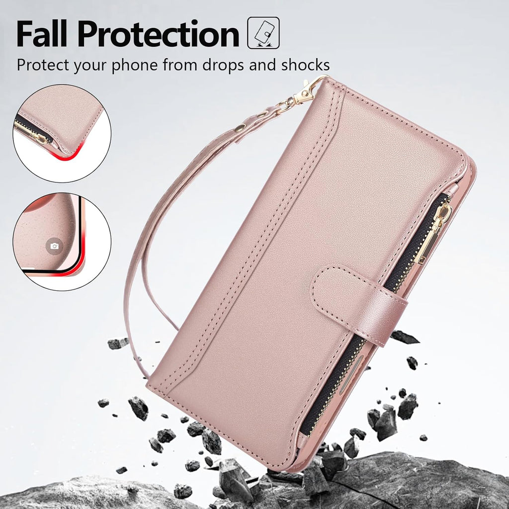 Compatible with iPhone 15 Pro Wallet Phone Case-PU Leather Magnetic Flip Cover with Credit Card Slots,Zipper Pocket & Detachable Wrist Strap,Shockproof Design,for Women and Men-Pink