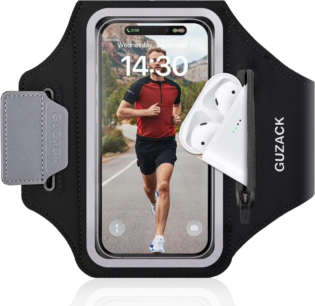 Running Armband with Earphone Pouch & Card Slot, Running Phone Holder for iPhone 16 15 14 Pro Max Plus Galaxy S25 S24 S23 Ultra, Up to 6.8" Phones