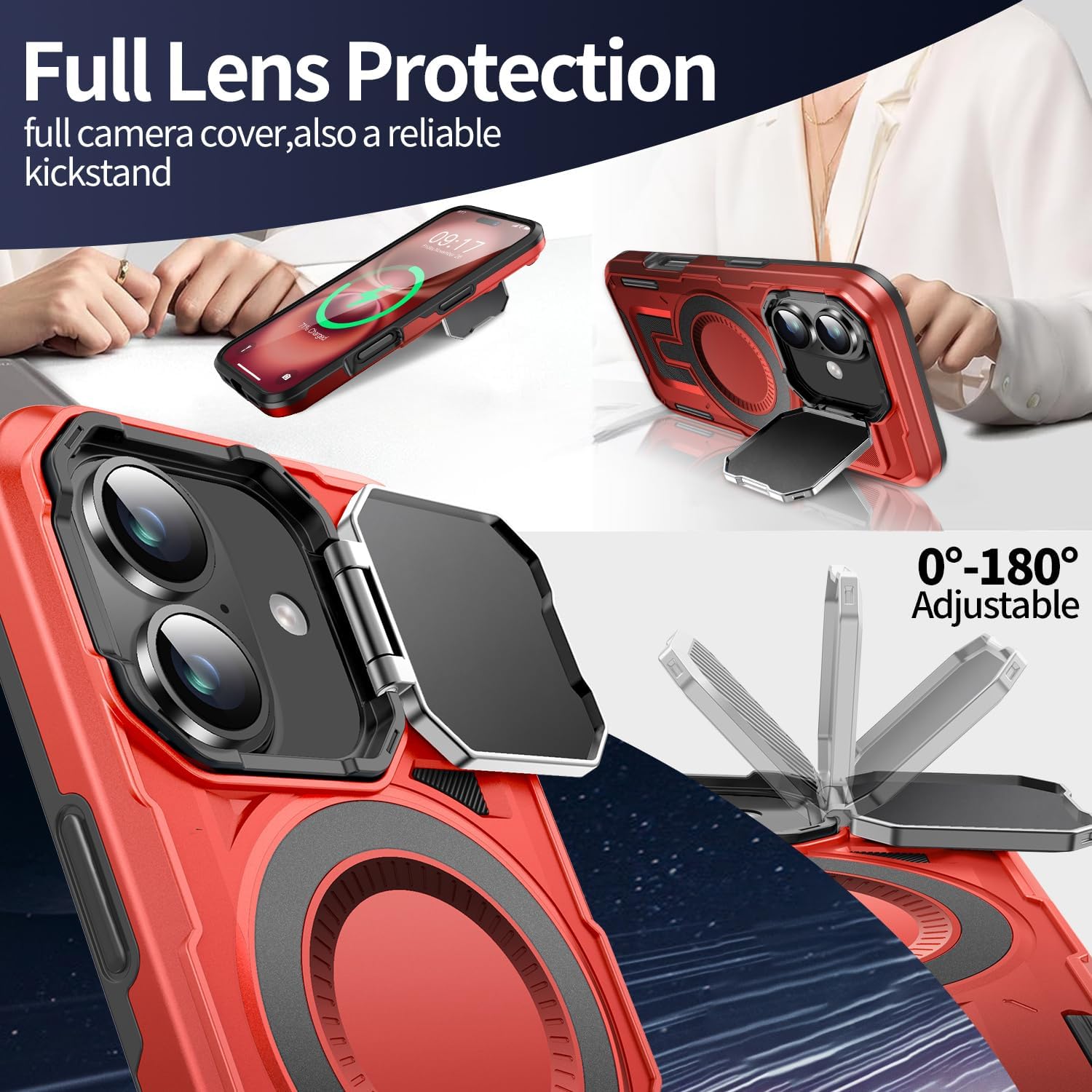 Camera Stand Case for iPhone 16 Plus, [Compatible with Mag Safe] [Lens Cover] 2024 Version Military Grade Protective Soft Case for iPhone 16 Plus 6.7 inch Men Women, Red