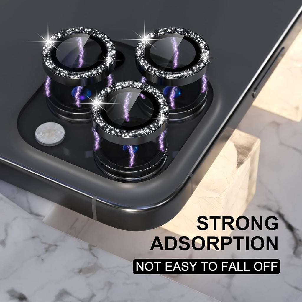 Choiche Compatible for iPhone 16 Pro/iPhone 16 Pro Max Camera Lens Protector Bling, 9H Tempered Glass Camera Cover Screen Protector Metal Ring Decoration Accessories (Glitter-Black)