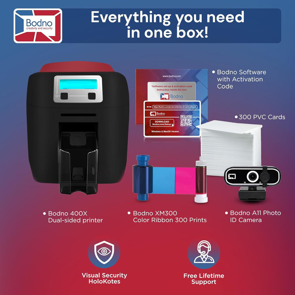 Bodno Magicard 400X Dual Sided ID Card Printer & Complete Supplies Package ID Software - Gold Edition