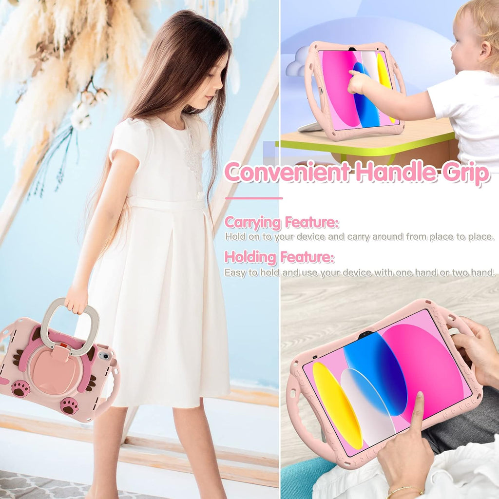 BRAECN Cute Cat Case for iPad (A16) 11th/10th Generation 11”/10.9'' 2025/2022, Silicone Kids Boys Girls Case with Pencil Holder, Carrying Shoulder Strap, 360°Rotating Handle Grip, Kickstand -Pink