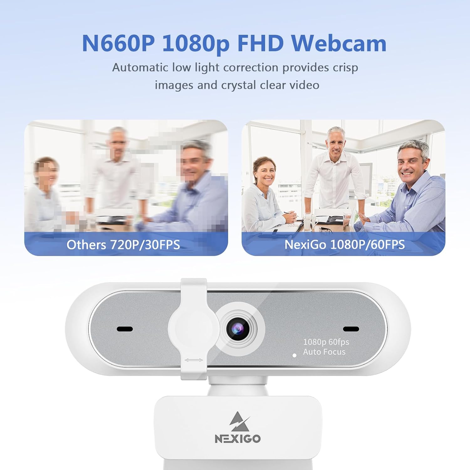 NexiGo N660P (Gen 2) 1080P 60FPS Webcam with Software Control, Dual Microphone & Cover, Autofocus, HD USB Computer Web Camera, for OBS/Zoom/Skype/FaceTime/Teams/Twitch, White