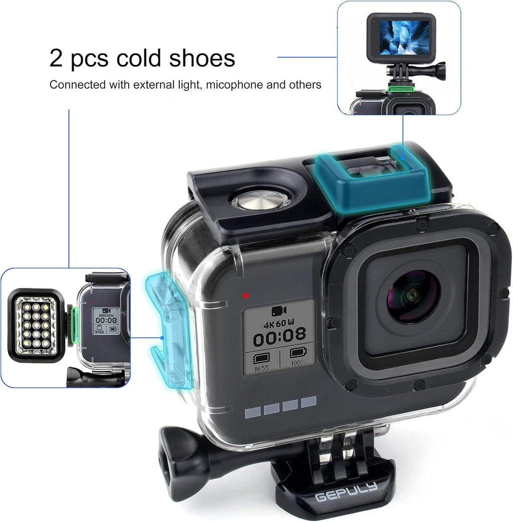 Waterproof Housing Case for GoPro Hero 8 Black - 60M(196ft) Protective Underwater Diving Shell Mount with 2 Cold Shoe Adapters Bracket Accessories Action Camera