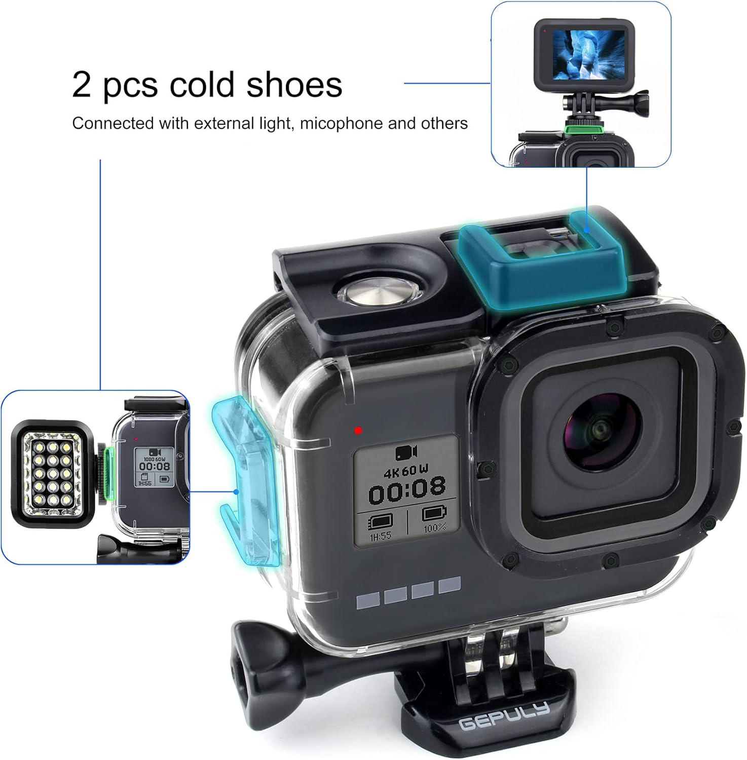 Waterproof Housing Case for GoPro Hero 8 Black - 60M(196ft) Protective Underwater Diving Shell Mount with 2 Cold Shoe Adapters Bracket Accessories Action Camera