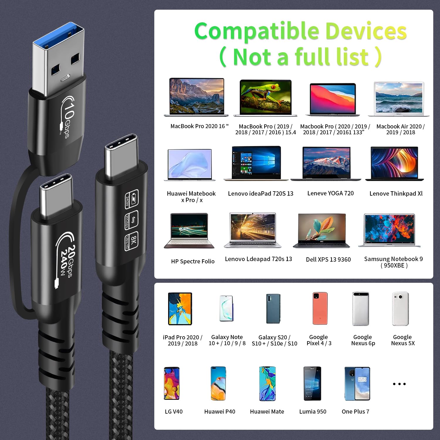 CABLEDECONN USB2.0 A to USB C 3.2 Type C 20Gbps Male to Male Detachable 2m 6.6ft Cable Data Extension 10Gbps 240W Fast Charge 8K Ultra HD Video Data Connection Power Line