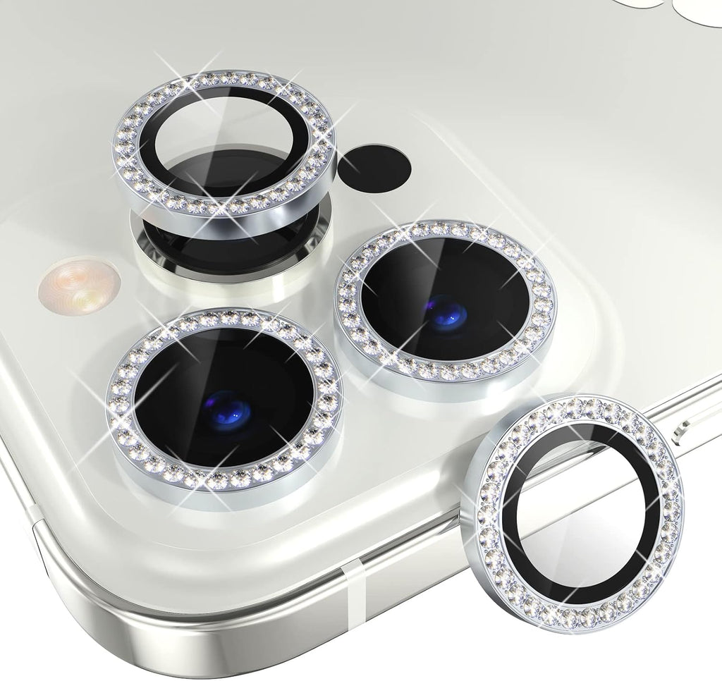 Choiche [3+1 for iPhone 14 Pro/iPhone 14 Pro Max Camera Lens Protector Bling, 9H Tempered Glass Camera Cover Screen Protector Metal Ring Decoration Accessories (Diamond-Silver)