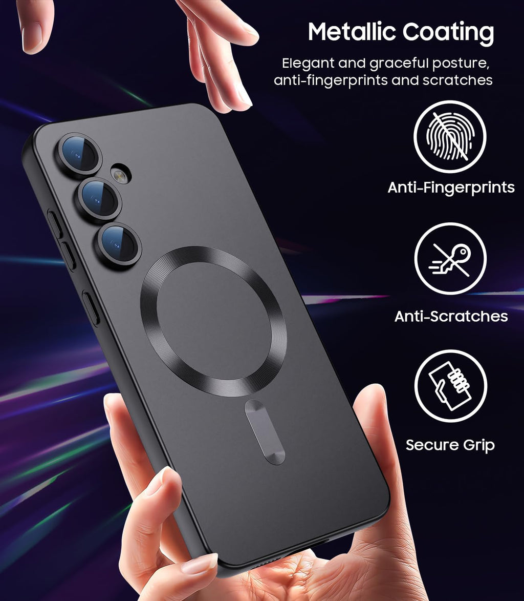 Magnetic for Samsung Galaxy S25 Case [Compatible with MagSafe][Built-in Camera Lens Protector] Slim Soft Silicone Bumper Shockproof Metallic Luster Phone Shell (Black)