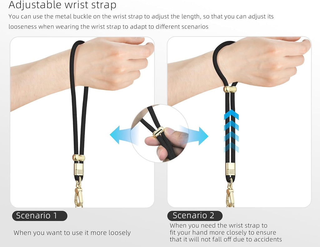 Cell Phone Lanyard Adjustable Crossbody Phone Lanyard *1 Phone Wrist Strap *1 with Deluxe Gold Matal Buckle + Clear Tether Tabs *2 for Shopping Travelling Hiking(BLACK)
