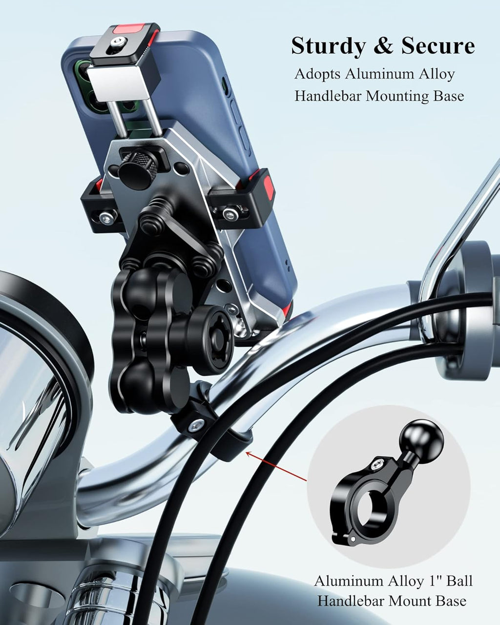 BRCOVAN Motorcycle Phone Mount with Vibration Dampener & Secure Lock, Solid Aluminum Alloy, Anti-Theft Handlebar Cellphone Holder, Adjustable for Motorcycle Bike Scooter ATV, Fit 4.7-7.2'' Smartphone