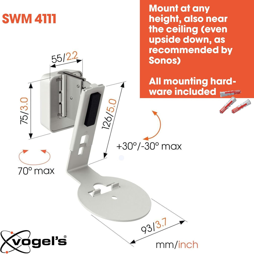 Vogel's SWM 4111 Speaker Wall Bracket for Sonos ERA 100, Max. 11 lbs (5 kg), Tiltable -30º/+30º, Swivels up to 70º (Left/Right), White, 1 Bracket