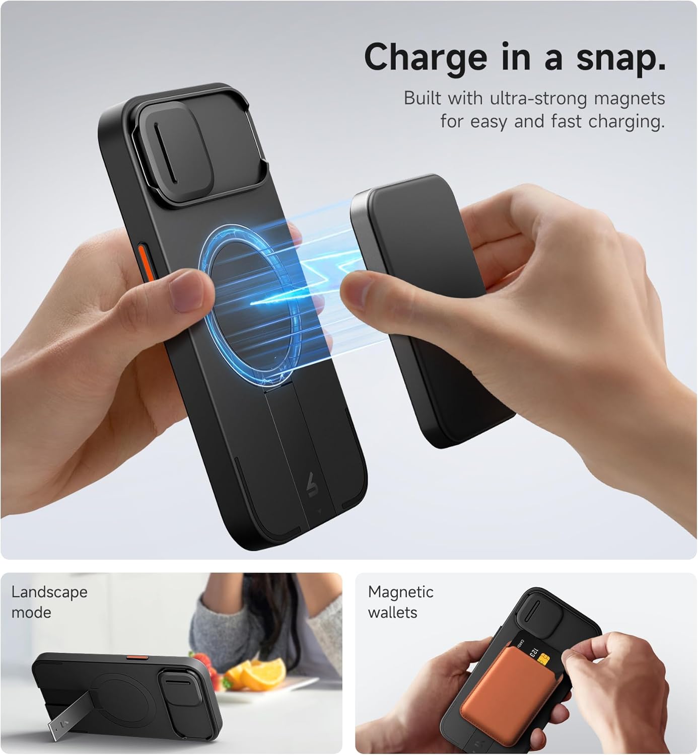 SURITCH for iPhone 13/14 Case with Magnetic Camera Slide Cover and Adjustable Kickstand, Compatible with MagSafe, Shockproof Bumper Case Slim Protective Cover for iPhone 13/14 6.1 Inch, Black