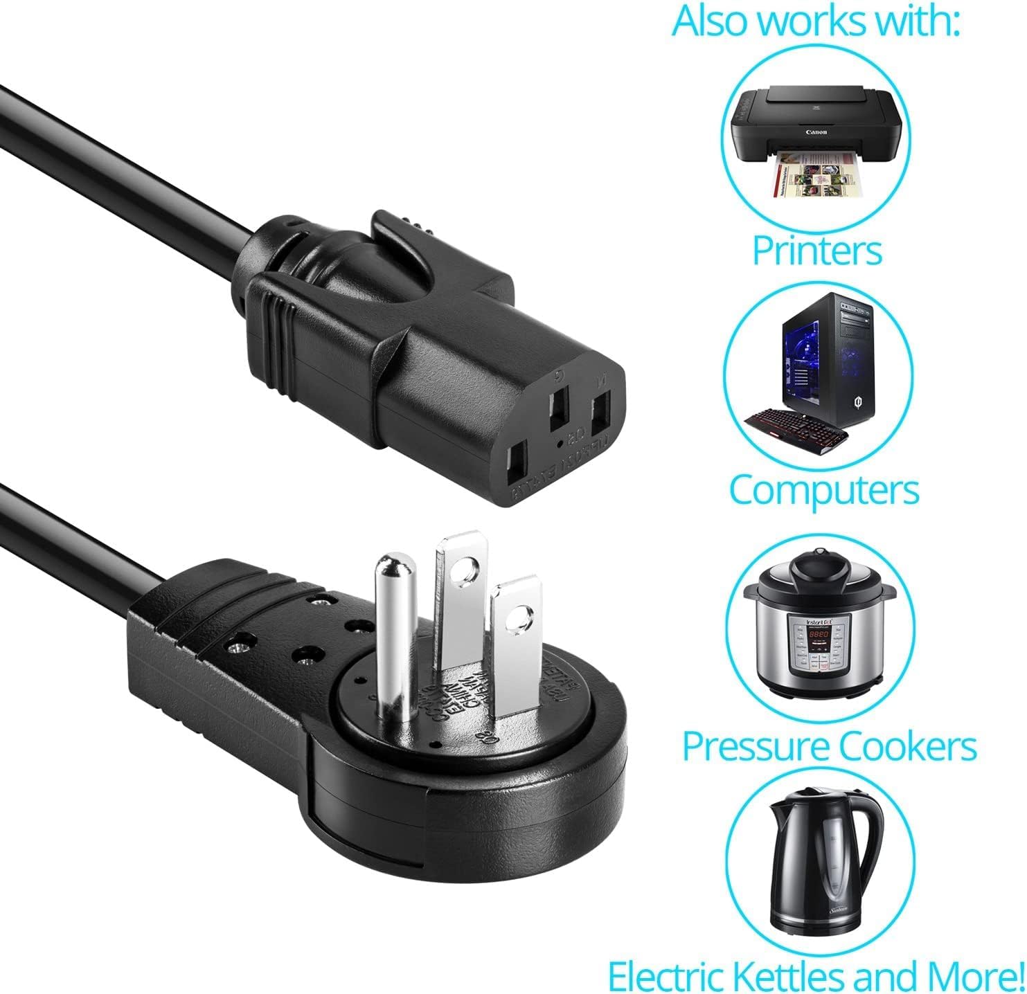 Maximm Monitor Computer Power Cord 4 Ft Flat Plug 360° Rotating PC Cable 3 Prong for, Desktop, Printer, Scanner, 16 AWG NEMA 5-15P to IEC13 - UL Certified