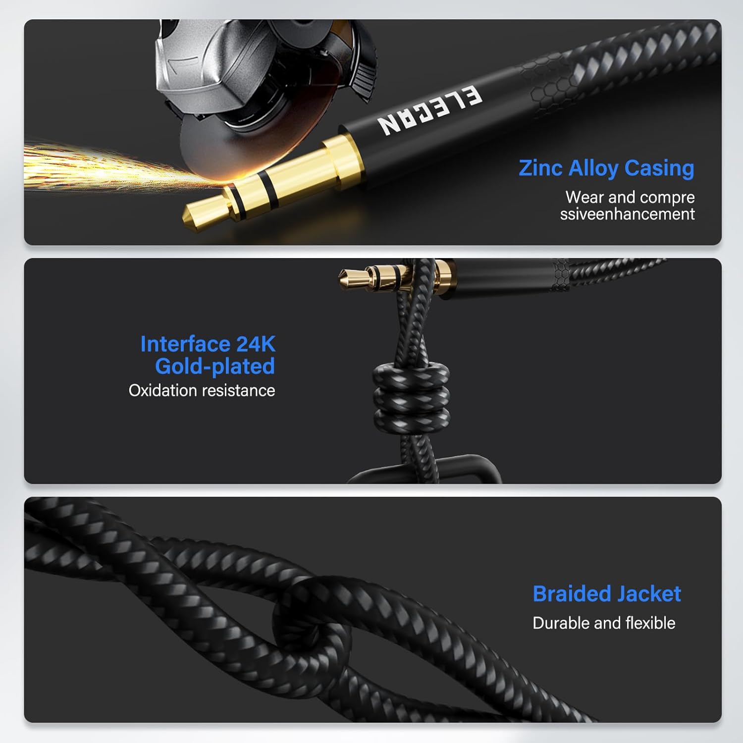 Elecan Headphone Extension Cable 1.5 Ft/2 Pack, 1/8 Inch 3.5 MM AUX Cord Wire Male to Female, Hi-Fi Sound Thin&Slim Braided TRS Stereo Audio Beats Cable Extender for Car,Home Stereos, Speaker,Phones