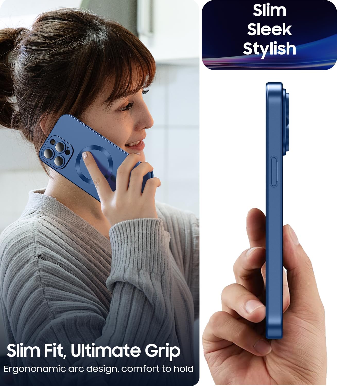 Magnetic for iPhone 14 Pro Max Case [Compatible with MagSafe][Built-in Camera Lens Protector] Slim Soft TPU Bumper Shockproof Metallic Luster Phone Case (Blue)