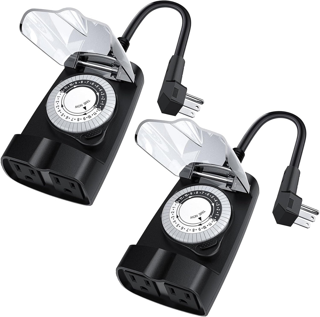 G-ELEK Outdoor Timer Outlet Waterproof, 24 Hour Outdoor Light Timer, Timers for Electrical Outlets, Ideal for Pool Pump, Christmas Lights, Heavy Duty, 2 Grounded Outlets, ETL Listed, 2 Pack