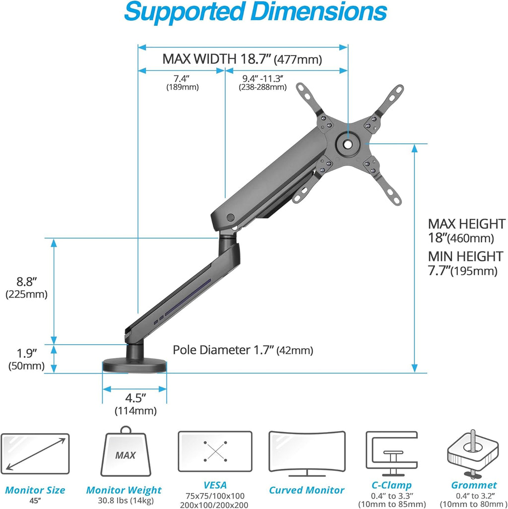 AVLT Single 27”-45” RGB Gaming Monitor Arm Desk Mount Built-in 20 Lighting Modes Touch Button Control Fits Flat/Curved/Ultrawide Screens Height Swivel Tilt Rotation Adjustable Stand -Dark Gray