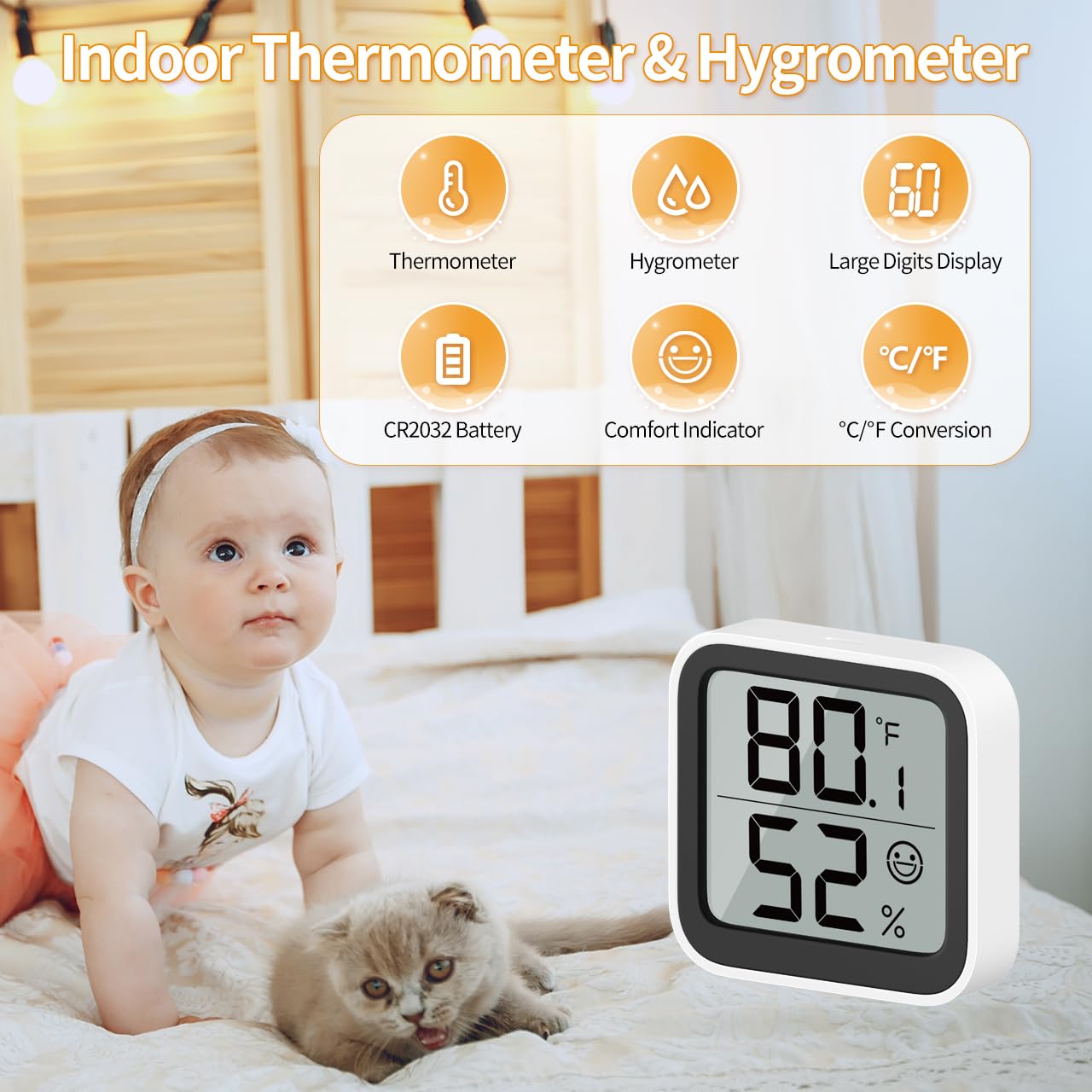 NOKLEAD Thermometer Humidity Meter Inside Mini Hygrometer Monitor Room Temperature Measuring Device with Face Icon Comfort Indicator ℃/℉ Switch for Baby Room Greenhouse Office Living Room（2）