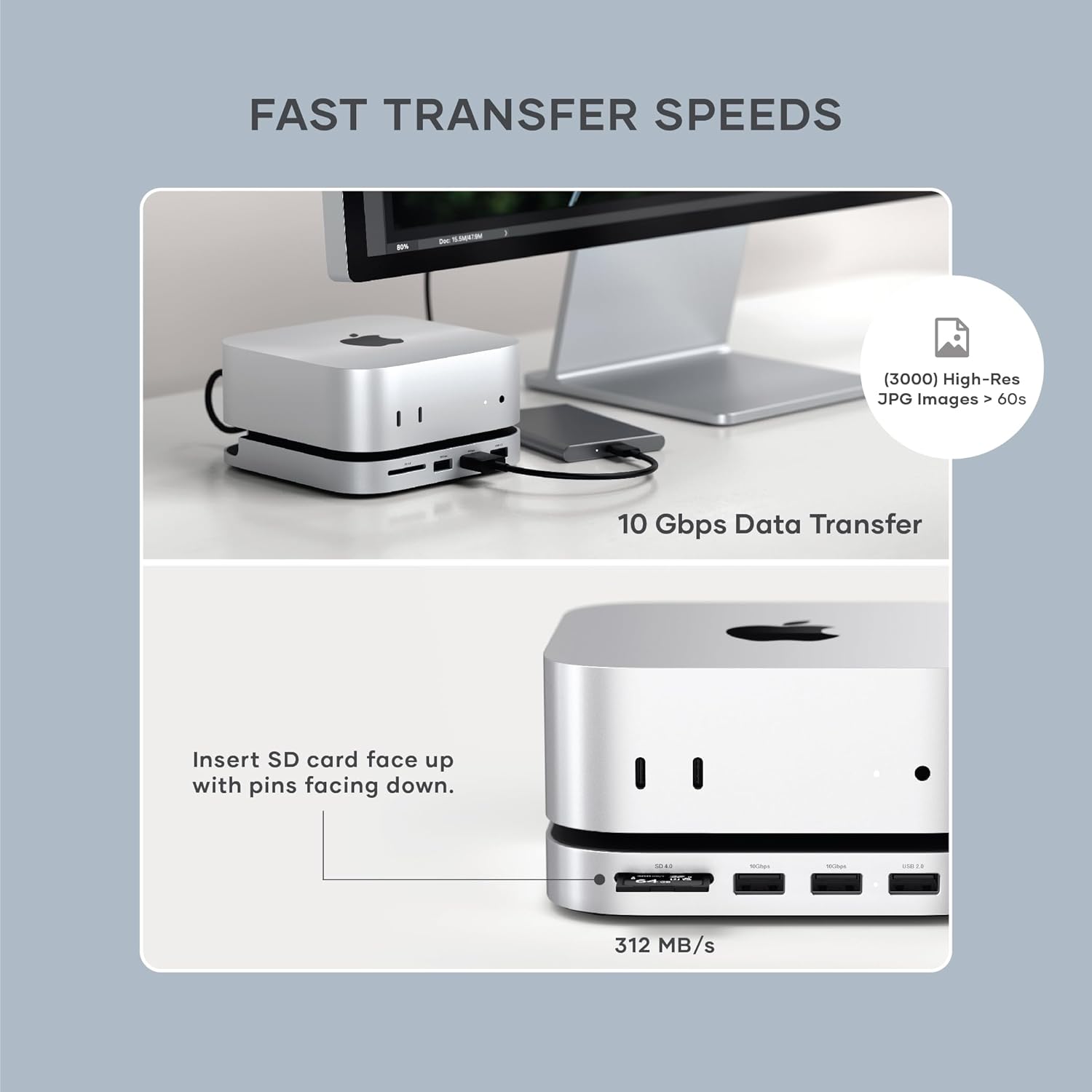 Satechi Mac mini M4 Hub & Stand with NVMe SSD Enclosure, Mac mini M4 Dock with 2xUSB A Up to 10Gbps, USB A Data Port, SD Card Reader for Mac mini M4, Mac mini M4 Pro - Silver