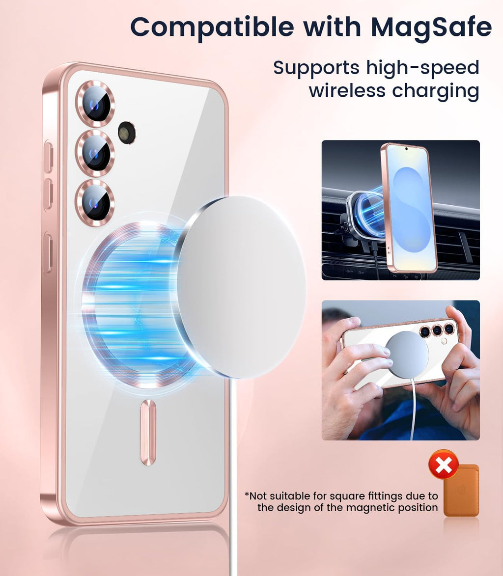 Slim Thin for Samsung Galaxy S25 Case, Compatible with MagSafe, Built-in Camera Lens Protector, Shockproof Protective Phone Case, Soft Electroplated Clear Phone Cover, Rose Gold