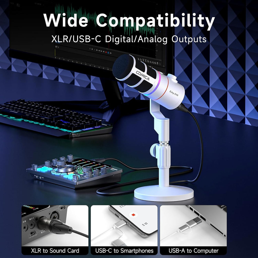 COMICA EJoy D10(D) USB Gaming Microphone – RGB Dynamic Mic with Noise Cancellation, XLR/USB-C, Real-Time Monitoring, Muting, Professional Studio Mic for Gaming, Streaming, Podcast, Recording (White)