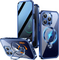 [360° Rotatable CD Stand & Built-in Privacy Screen Magnetic Case for iPhone 15 Pro Max[Compatible with MagSafe&Full Signal] Mil-Grade Shockproof Full Body Anti-Spy Cover for 15 Pro Max-Blue