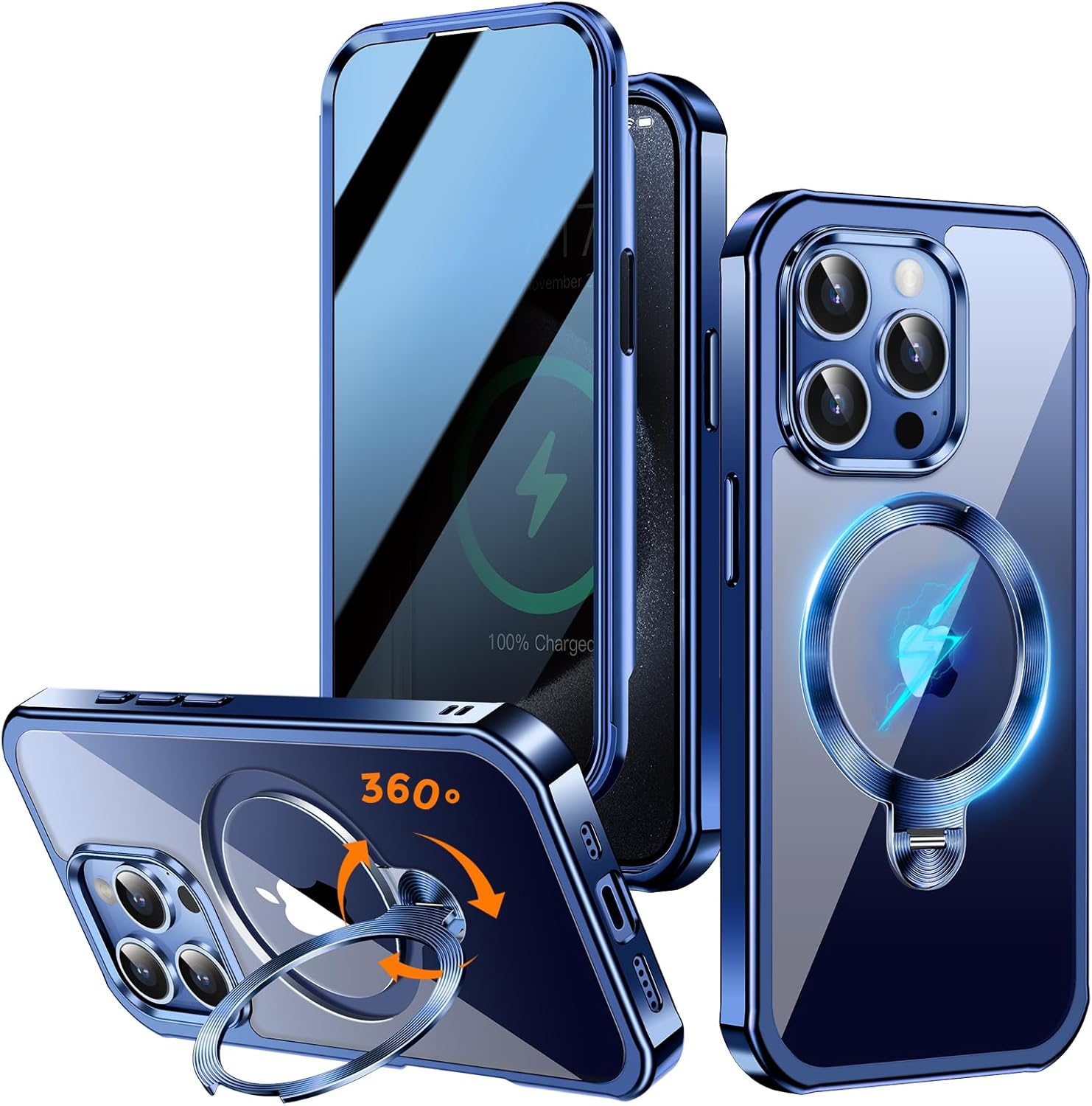 [360° Rotatable CD Stand & Built-in Privacy Screen Magnetic Case for iPhone 15 Pro Max[Compatible with MagSafe&Full Signal] Mil-Grade Shockproof Full Body Anti-Spy Cover for 15 Pro Max-Blue