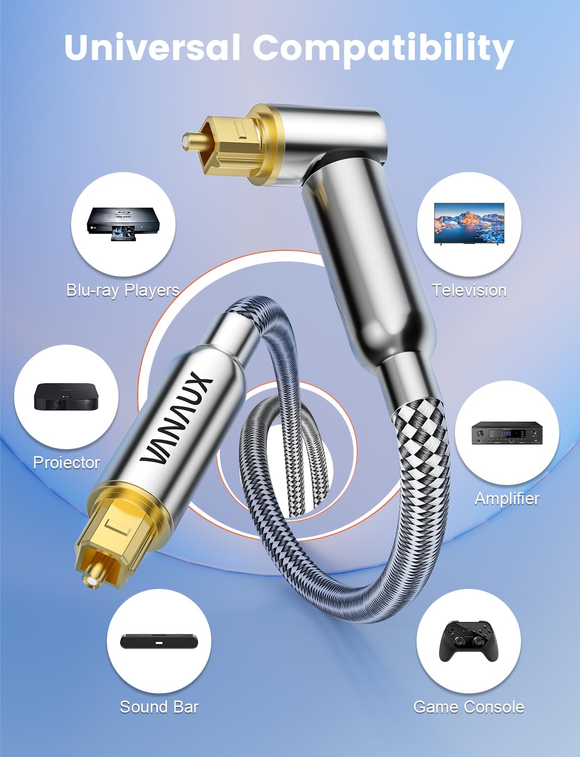 VANAUX 90-Degree Optical Audio Cable 6FT,Premium Fiber Optic Toslink Cable(24K Gold-Plated Connectors,Aluminum Alloy Shell,Braided Jacket)Ideal for Tight Spaces,Home Theater,Soundbars,Gaming Consoles