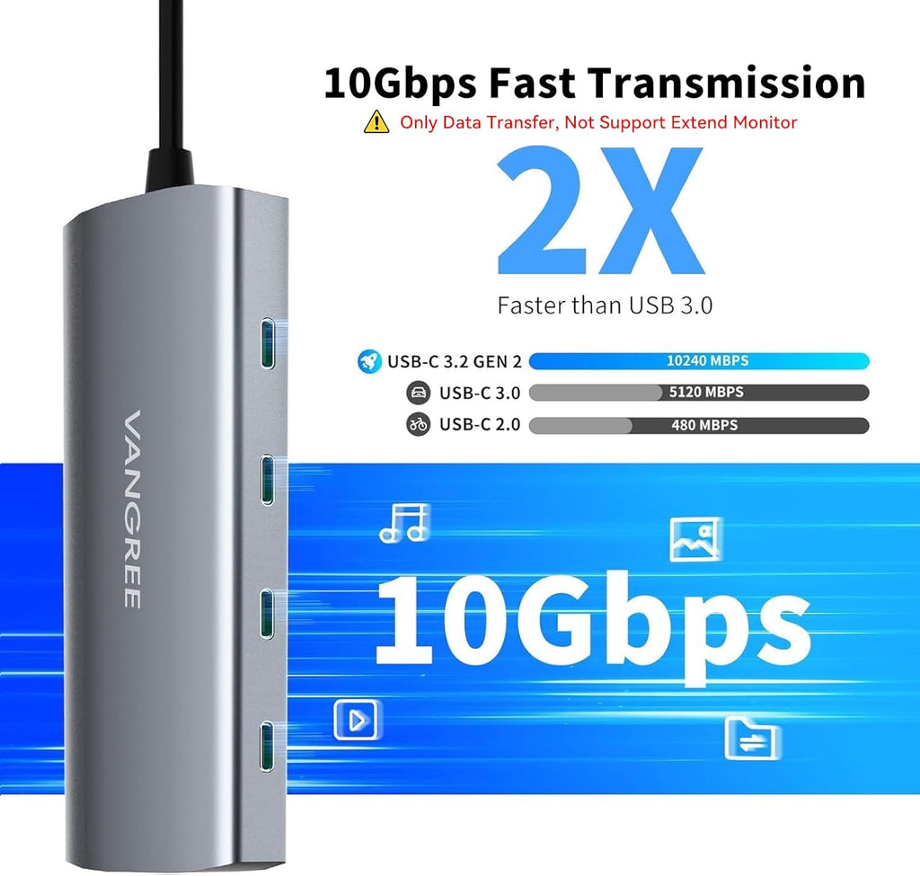VANGREE USB C Hub, 3 USB 3.2 Gen 2 Ports with 10Gbps, 4K@60Hz HDMI, 100W Power Delivery, 3 USB-A 3.0 Ports, USB C Splitter Multiport Adapter Extender for MacBook Pro/Air, iPad Pro, Mac mini and More