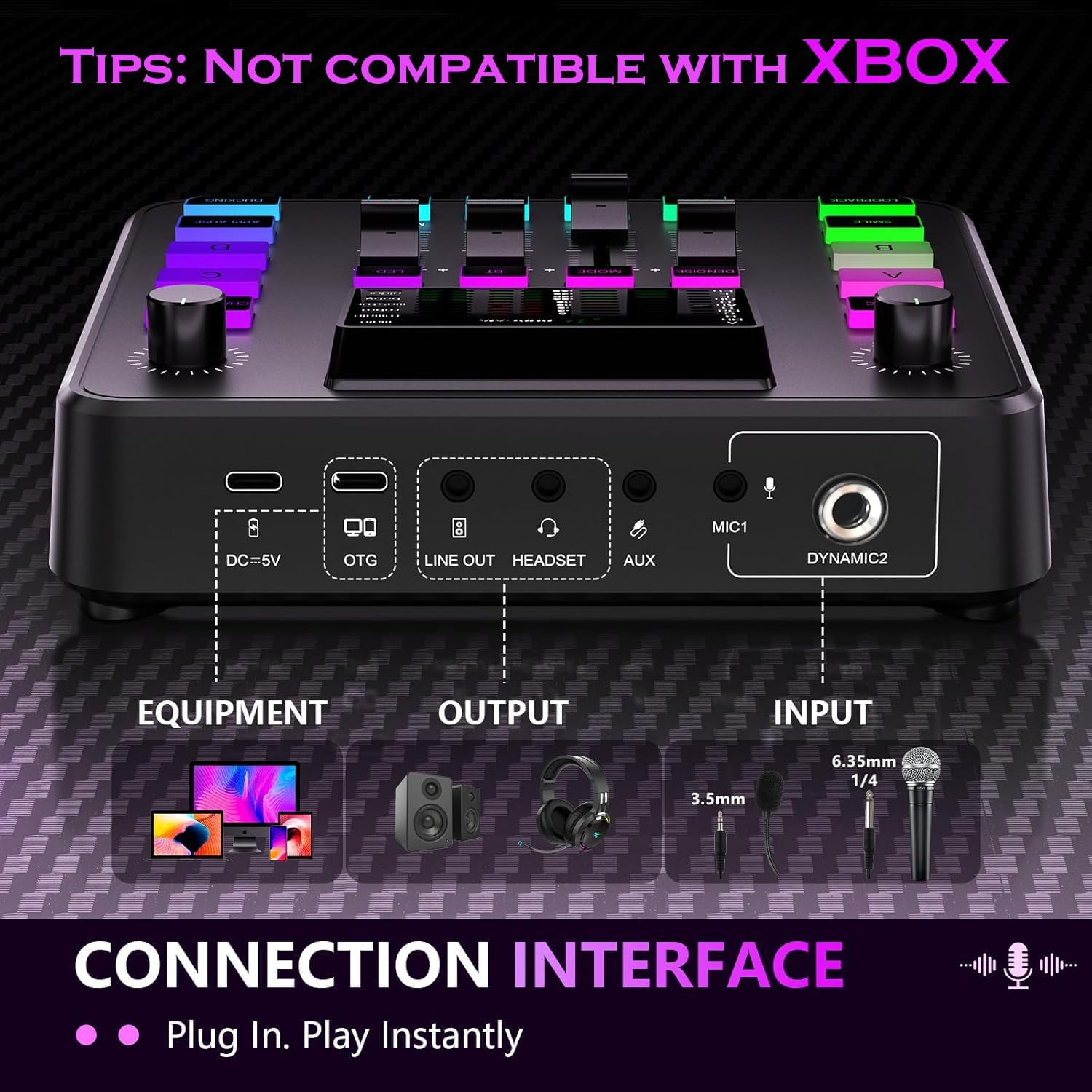 Pupgsis Gaming Audio Mixer, Audio Interface, Sound Board With Pro-Preamp, Noise Cancellation, RGB, Bluetooth, Volume Fader For Streaming/Podcasting/Gaming Maonocaster/Content Create, 6.35mm