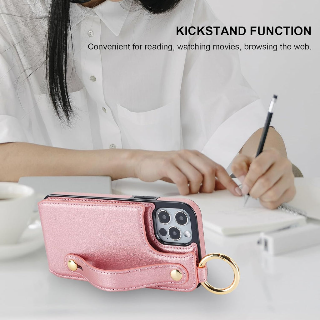 Folosu for iPhone 12/12 Pro Wallet Case with Card Holder, Hand Wrist Strap Loop Holder Kickstand, RFID Blocking Finger Grip Ring PU Leather Double Buttons Shockproof Cover 6.1" Rosegold