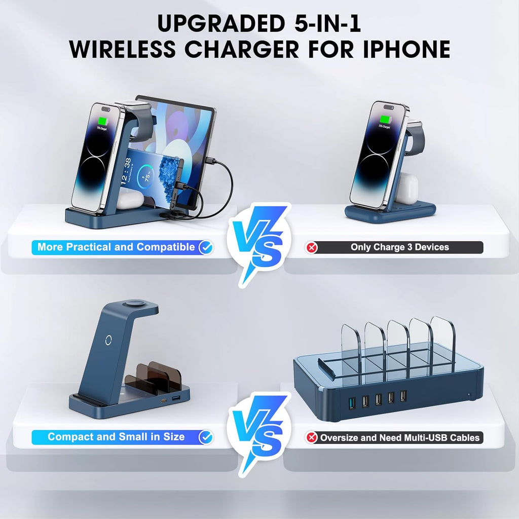 Wireless Charger for iPhone - 5 in 1 Charging Station for Multiple Devices Apple: Fast Wireless Charging Stand Dock for iPhone 16e 16 15 14 13 12 Pro Max Apple Watch Airpods(Blue)