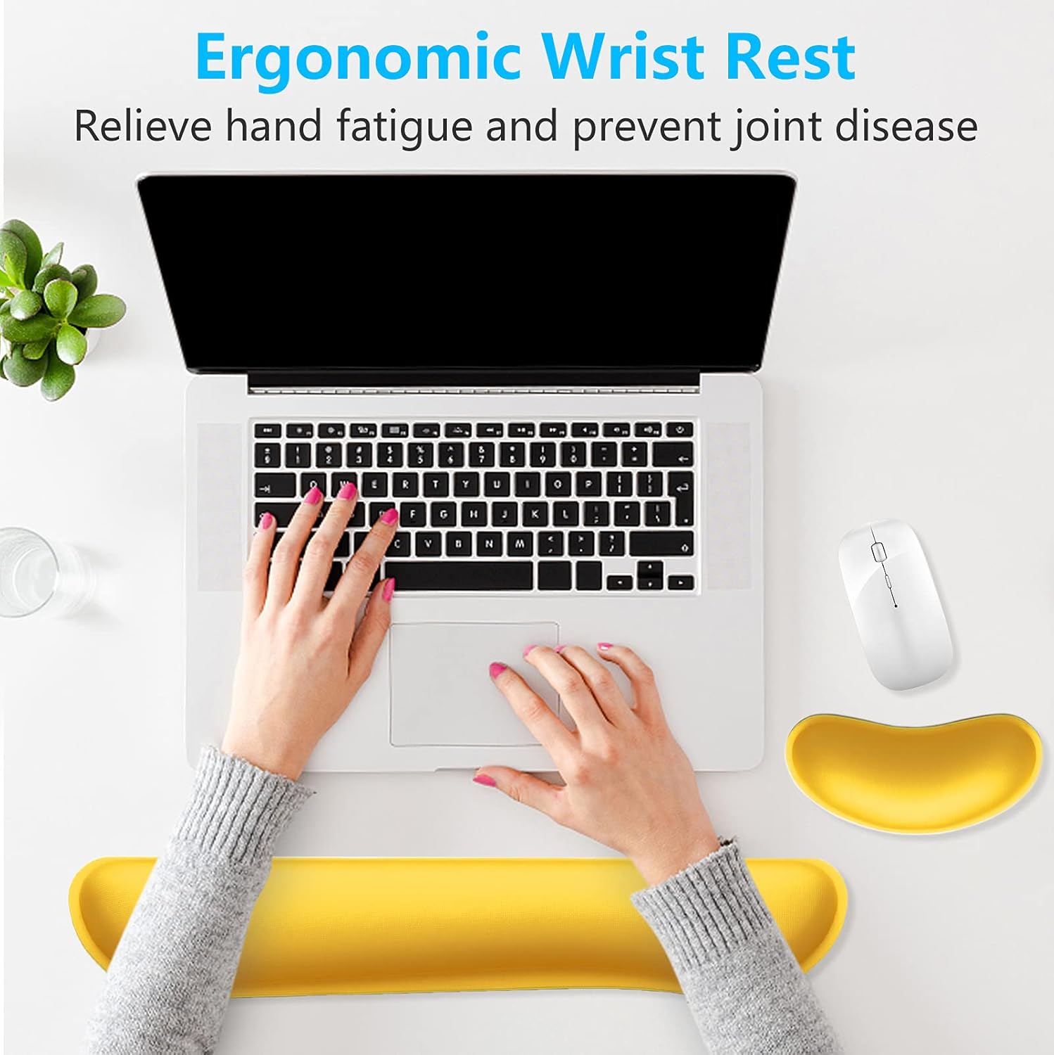Dapesuom Enlarge Keyboard Wrist Rest, Memory Foam Wrist Cushion for Desk Mats Support, Cute Typing Pain Relief Keyboard Mouse Pad Rests Set with Non-Slip Base for Gaming Laptop Office, Apricot Yellow