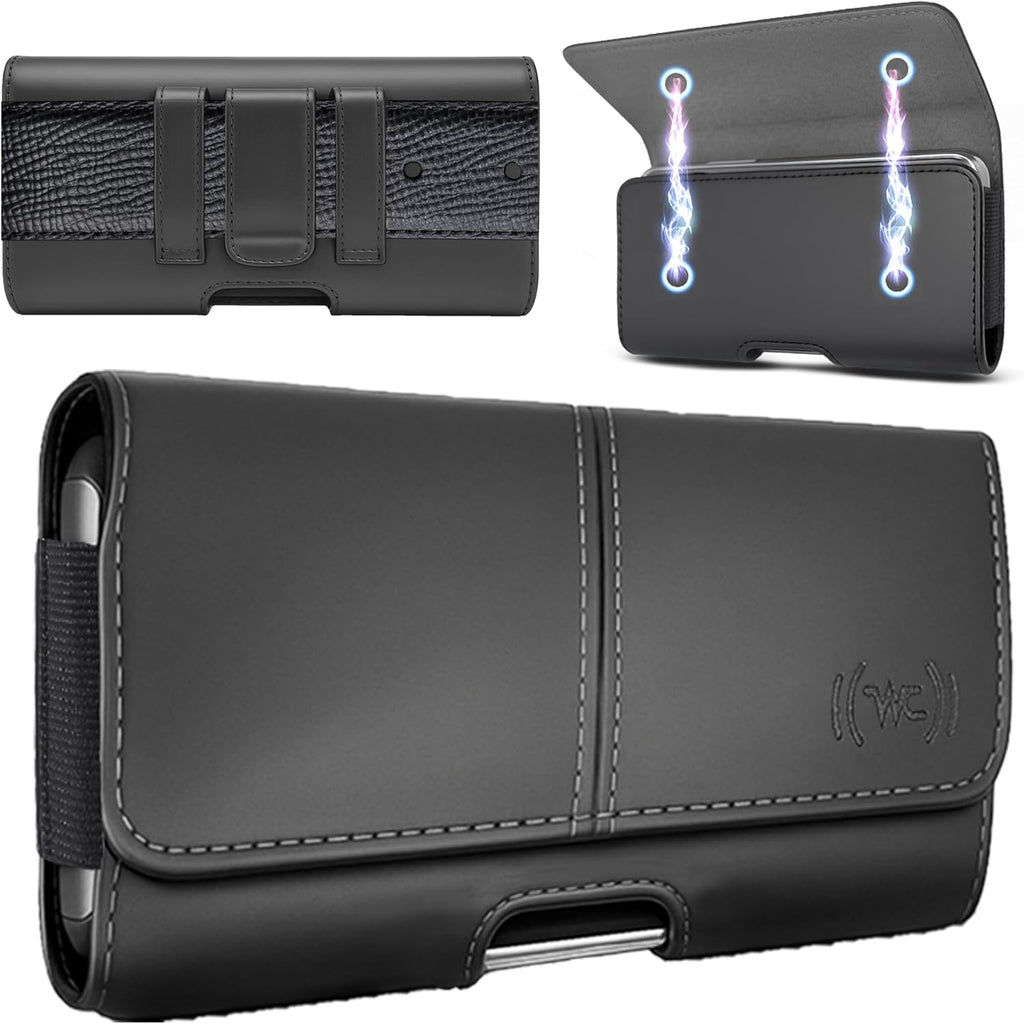 Leather Phone Holster for Men & Women, Horizontal Cell Phone Case, Fits iPhone 13/12 Mini, SE, Xs/X, 8, 6s - Belt Clip/Loop Carrying Phone Pouch Holder, Black Small