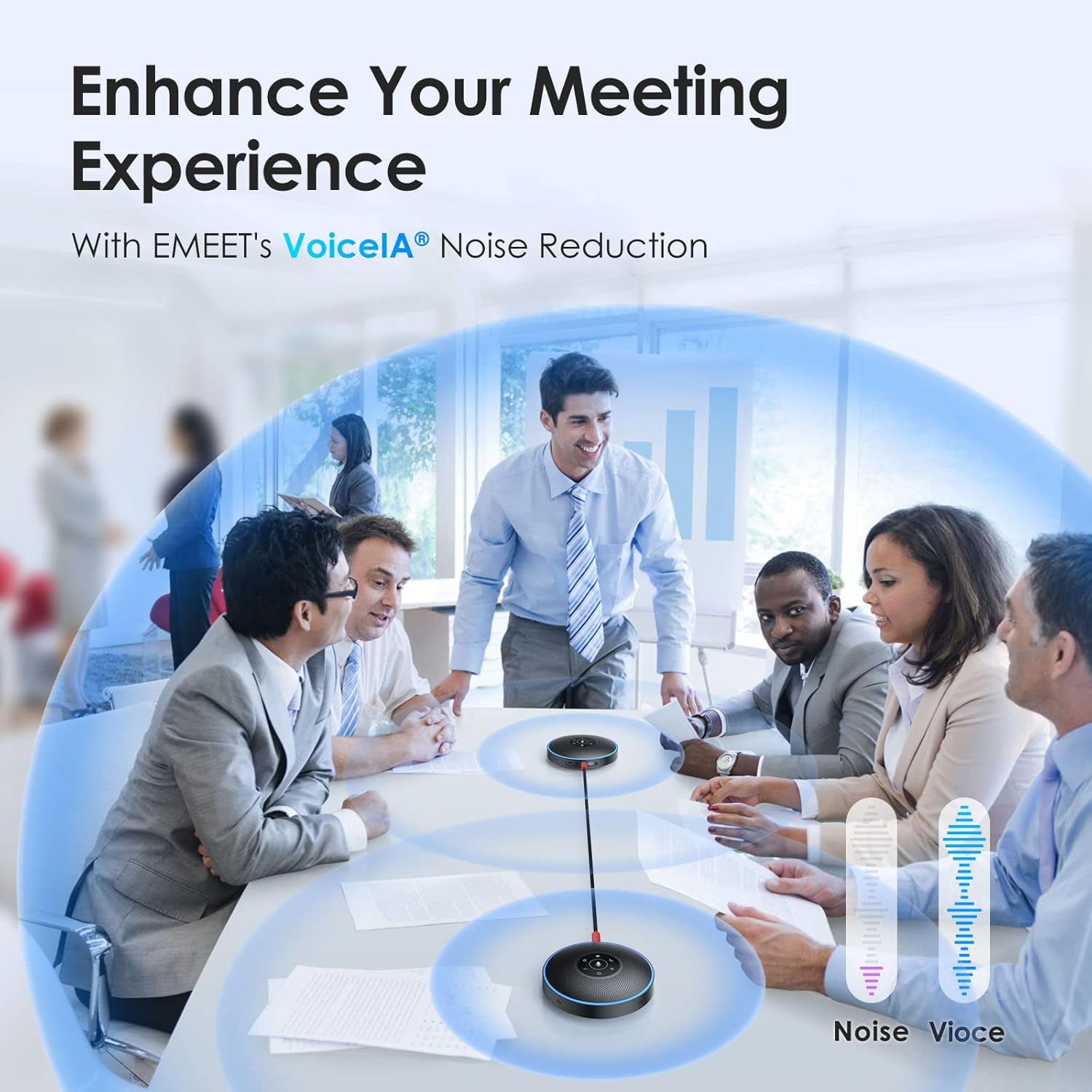 EMEET Bluetooth Speakerphone - Daisy Chain/Use Alone up to 16 attendees, M220 Professional Wireless Speakerphone 360°Voice Pick-up 8 AI Noise Cancellation Mics Skype Speakerphone for Conference Calls