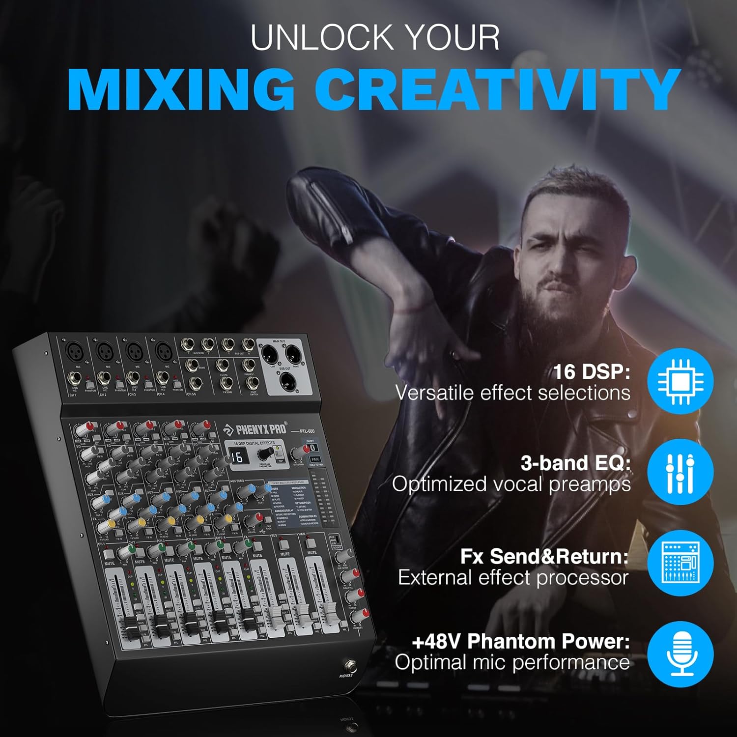 Professional 6-Channel Audio Mixer, Phenyx Pro DJ Sound Mixer Board w/Flexible AUX, BUS, SUB Routing, 16 DSP, BT Streaming & USB-B PC Recording, Mixing Console for Stage, Home Studio (PTL-600)